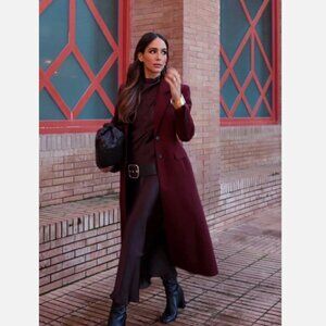 ZARA ZW NEW WOMAN LONG FITTED COAT ZW COLLECTION TAILORED BURGUNDY MEDIUM M